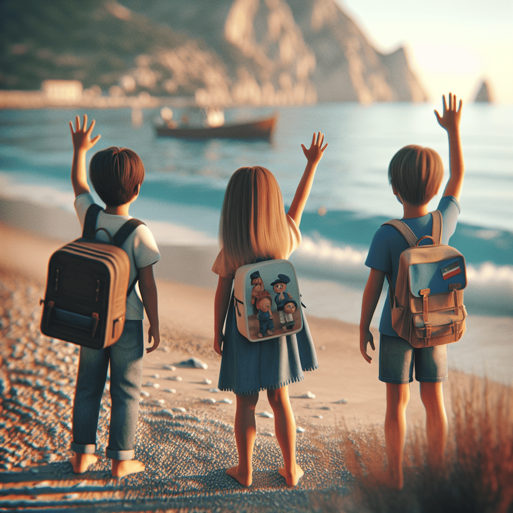 3 Kinder winken am Strand