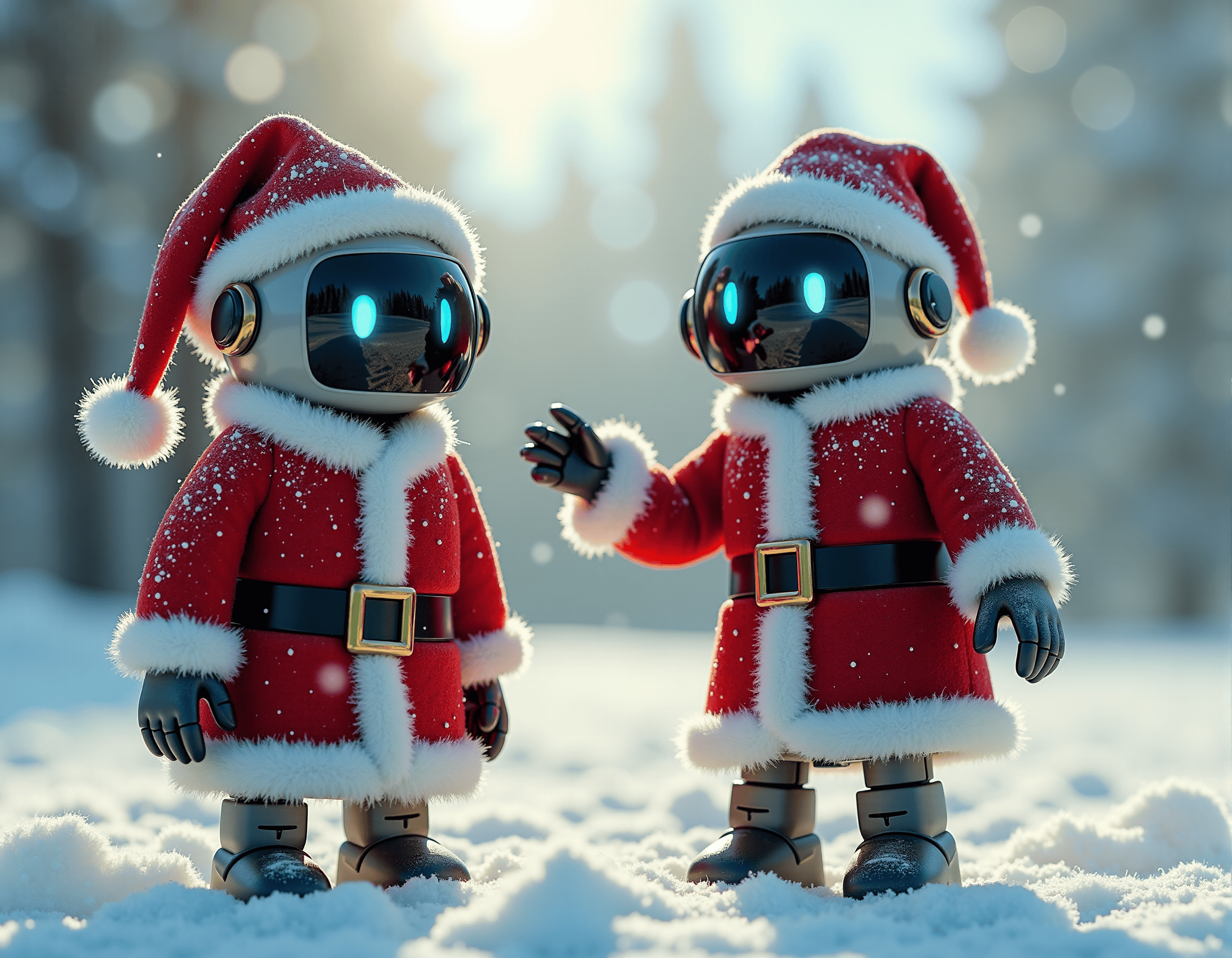 Zwei Roboter im Weihnachtsmannkostüm in einer Winterlandschaft. (KI generiert mit Flux1)
